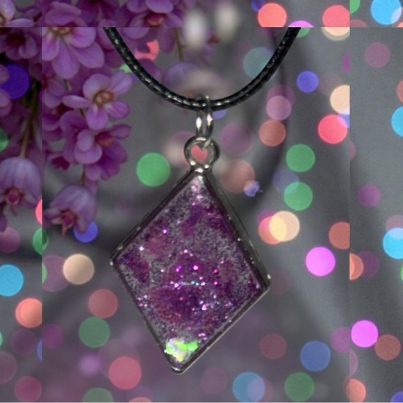 Handmade Resin Diamond Necklace | Purple Glitter Pendant - Picture 3 of 7